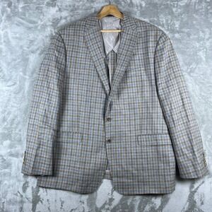 Williams & Kent Sport Coat Mens 48 Brown Blue Plaid Wool Silk Linen E.Thomas
